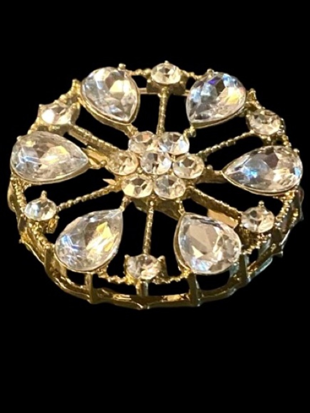 Round Gold Metal Brooch Clear Sparkling Faceted Rhinestones 6-Petal Flower MCM